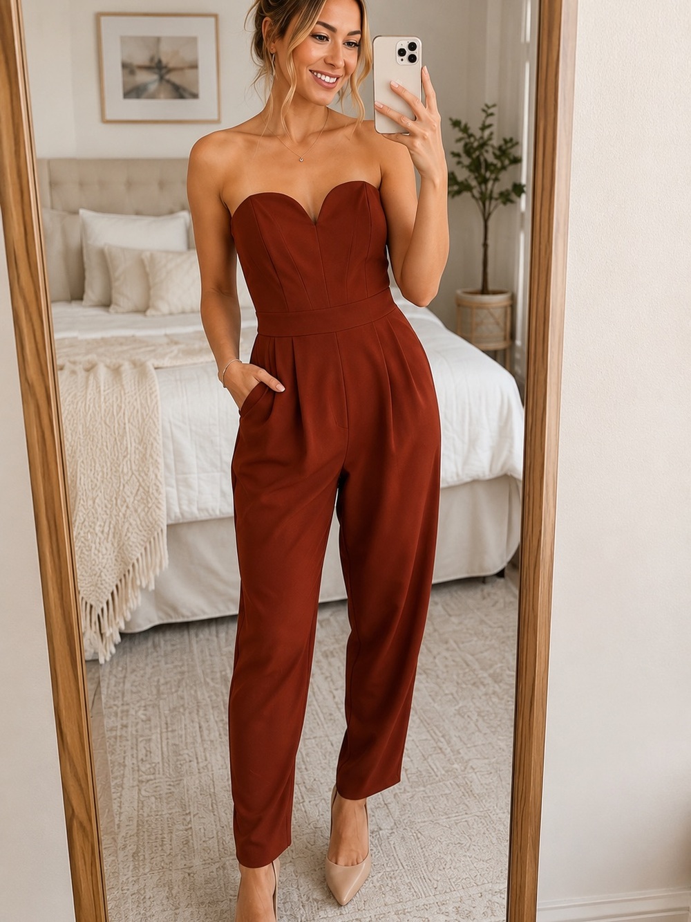 Strapless Sweetheart Jumpsuit in Rust